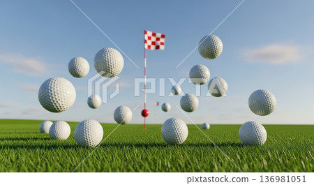 綠茵的高爾夫球場草坪和一顆跳躍的高爾夫球 136981051