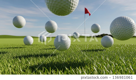 綠茵的高爾夫球場草坪和一顆跳躍的高爾夫球 136981061