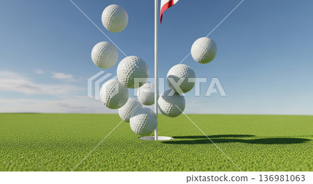 Green golf course grass and a jumping golf ball Green golf course grass and a jumping golf ball 136981063