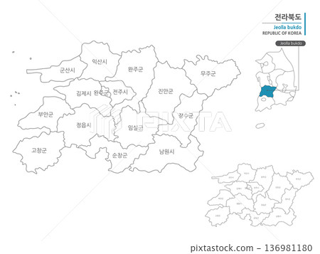 A map of North Jeolla Province, South Korea, which marks administrative districts with black lines on a white background A map of North Jeolla Province, South Korea, which marks administrative districts with black lines on a white background 136981180