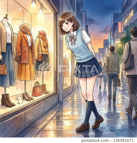 A high school girl looking at a shop window in the city at night A high school girl looking at a shop window in the city at night 136981671