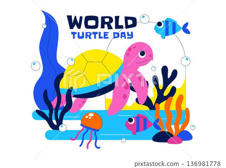 World Turtle Day Celebration Vector Illustration Featuring Sea Turtle and Ocean Elements for Environmental Awareness Campaign Background World Turtle Day Celebration Vector Illustration Featuring Sea Turtle and Ocean Elements for Environmental Awareness Campaign Background 136981778