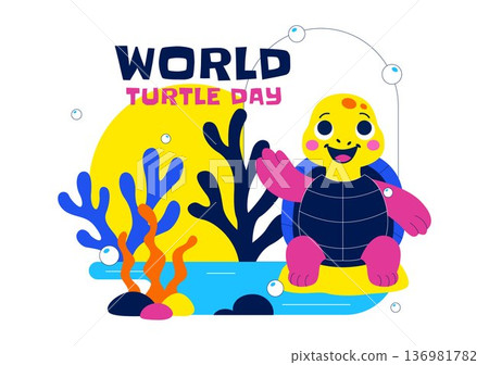 World Turtle Day Celebration Vector Illustration Featuring Sea Turtle and Ocean Elements for Environmental Awareness Campaign Background 136981782