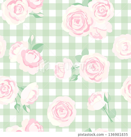 Retro seamless pattern with pink roses on gingham check 136981835