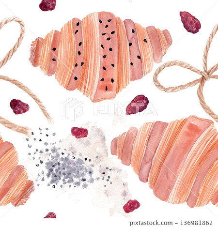 Croissant pattern with dried cranberries and poppy seeds, hand-painted watercolor illustration on white background. Seamless bakery design for packaging, textile print, wrapping paper and branding Croissant pattern with dried cranberries and poppy seeds, hand-painted watercolor illustration on white background. Seamless bakery design for packaging, textile print, wrapping paper and branding 136981862