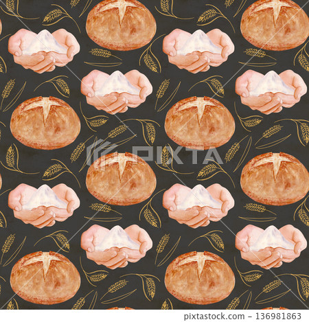 Bread, flour in cupped hands, golden wheat elements watercolor seamless pattern on a dark background. Natural bakery theme, warm tones, ideal for packaging, branding, menus, and artisan food projects Bread, flour in cupped hands, golden wheat elements watercolor seamless pattern on a dark background. Natural bakery theme, warm tones, ideal for packaging, branding, menus, and artisan food projects 136981863
