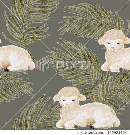 Seamless pattern with lamb and palm leaves, hand-painted watercolor on gray, calm Christian composition for Easter design, faith branding, textiles, packaging, stationery, seasonal backgrounds 136981864