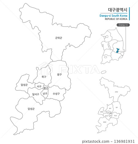 A map of Daegu, Korea, which shows administrative districts with black lines on a white background 136981931