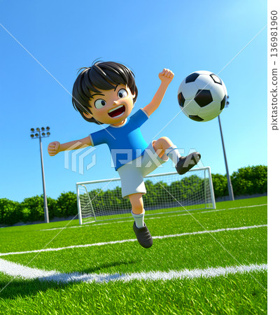 cheerful boy playing soccer 136981960