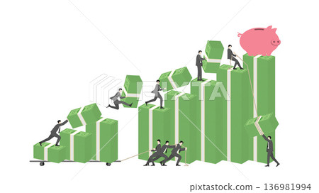 Business teamwork building financial growth and wealth accumulation concept with businessmen stacking banknotes and a pink piggy bank on the top goal Business teamwork building financial growth and wealth accumulation concept with businessmen stacking banknotes and a pink piggy bank on the top goal 136981994