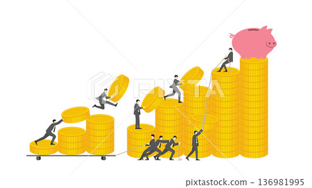 Businessman teamwork building financial success with gold coin stacks and a pink piggy bank on top for wealth accumulation and money saving investment Businessman teamwork building financial success with gold coin stacks and a pink piggy bank on top for wealth accumulation and money saving investment 136981995