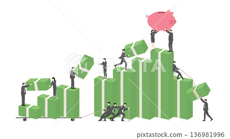 Diverse business team of men and women working together to build financial growth with banknote stacks and a piggy bank on top for wealth accumulation 136981996