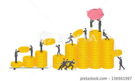 Diverse business team of men and women working together to build financial success with gold coin stacks and a piggy bank on top for wealth investment 136981997