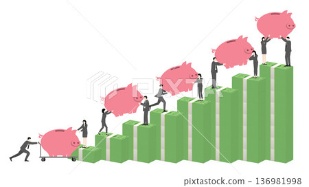 Diverse business team delivering pink piggy banks to the top of banknote stacks for financial management, wealth growth and systematic money saving Diverse business team delivering pink piggy banks to the top of banknote stacks for financial management, wealth growth and systematic money saving 136981998