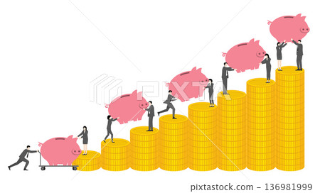 Diverse business team of men and women delivering piggy banks on gold coin stacks for financial success, wealth accumulation and money saving concept Diverse business team of men and women delivering piggy banks on gold coin stacks for financial success, wealth accumulation and money saving concept 136981999