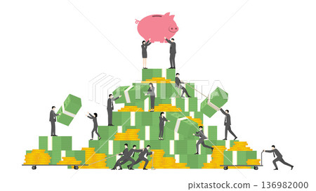 Business teamwork of men and women building massive wealth with banknote and coin stacks and a piggy bank on top for total financial success concept Business teamwork of men and women building massive wealth with banknote and coin stacks and a piggy bank on top for total financial success concept 136982000