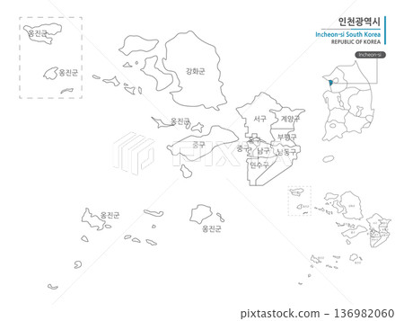 Map of Incheon, South Korea, which marks administrative districts with black lines on a white background Map of Incheon, South Korea, which marks administrative districts with black lines on a white background 136982060