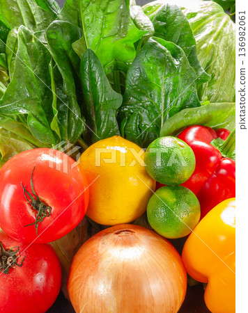 Healthy eating and nutrition education, a salad with a wide variety of fresh vegetables. Diet image material 136982061