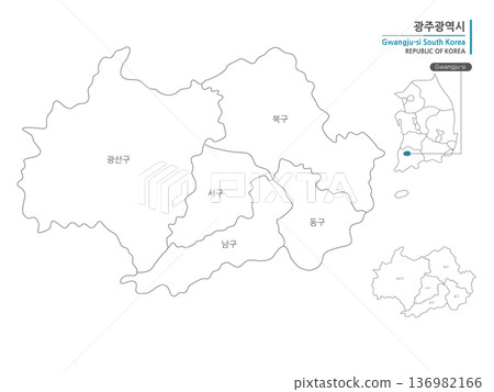 A map of Gwangju, South Korea, which marks administrative districts with black lines on a white background A map of Gwangju, South Korea, which marks administrative districts with black lines on a white background 136982166