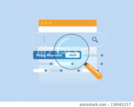 Focus keyword research, SEO content strategy, search intent analysis. Digital marketing planning for blog and website with seo keyword research, modern flat infographic UI, vector illustration 136982217