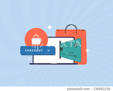 Online checkout payment interface, e-commerce shopping cart with credit card and bag icon. Digital retail transaction for web store UI, flat modern ecommerce vector illustration with icons Online checkout payment interface, e-commerce shopping cart with credit card and bag icon. Digital retail transaction for web store UI, flat modern ecommerce vector illustration with icons 136982230