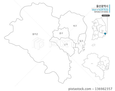 A map of Ulsan, South Korea, which marks administrative districts with black lines on a white background A map of Ulsan, South Korea, which marks administrative districts with black lines on a white background 136982357