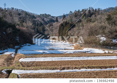 Snow-covered rice terraces at the back of Lake Biwa, Nagahara, Nagahama City, Shiga Prefecture 136982498