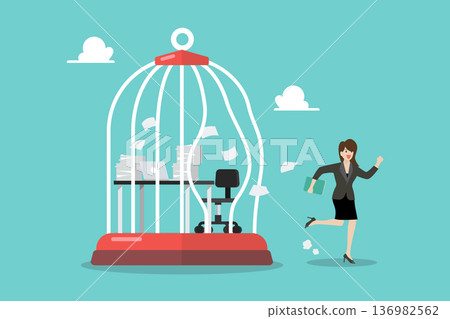 Business woman break free from toxic working desk bird cage. 136982562