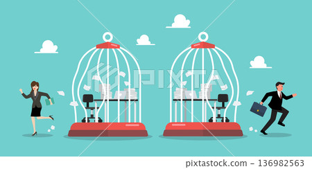 Businessman break free from toxic working desk bird cage. 136982563
