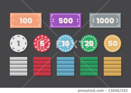 Coin with bankonote icon symbol set. Coin with bankonote icon symbol set. 136982565