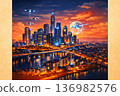 未來城市在夕陽和數位網路的映襯下閃閃發光的概念圖 136982576