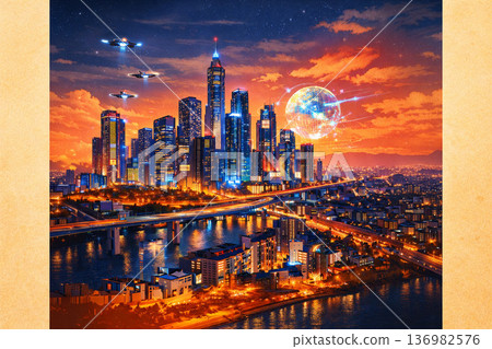 未來城市在夕陽和數位網路的映襯下閃閃發光的概念圖 136982576
