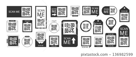 Scan me Frame. Quick mobile payment with barcode or QR code. Click icon and CTA button in modern Frame for your app or shop now. Minimalist Vector illustration 136982599