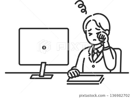 一位眼睛疲勞的商人的插圖（僅線條畫） 136982702