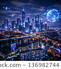 未來城市的夜景圖，人工智慧和數位網路已廣泛應用。 136982744
