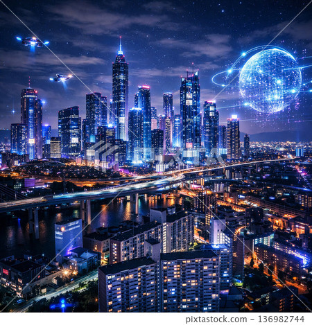 未來城市的夜景圖，人工智慧和數位網路已廣泛應用。 136982744