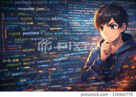 年輕男工程師學習編程，背景是抽象代碼的圖片 136982776