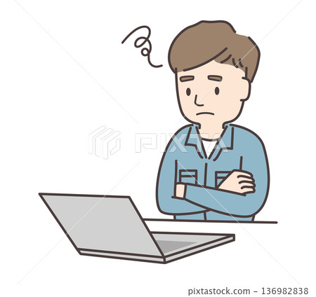 Illustration of a male worker struggling with PC operation Illustration of a male worker struggling with PC operation 136982838