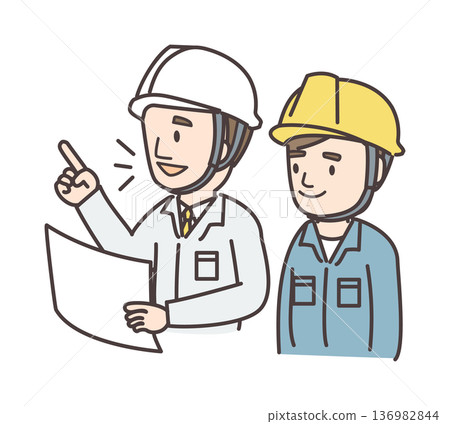 A meeting between two men wearing different colored work clothes 136982844
