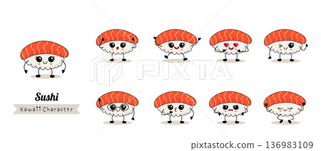 Set of cute cartoon colorful salmon sushi with different emotions. 136983109