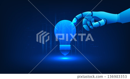 Artificial intelligence technology background featuring a light bulb with digital circuit patterns inside, touched by a robotic hand, symbolizing AI innovation, smart ideas, automation, digital 136983353