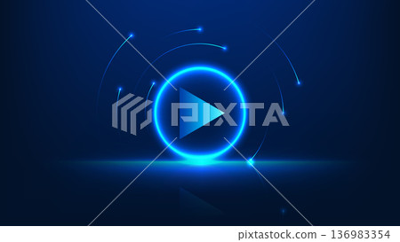 Abstract technology background with a play button icon inside a glowing digital circle, representing media streaming, online video platform, digital content, multimedia, interactive entertainment 136983354