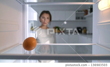 White refrigerator with only eggs and water Health management concept video 136983503
