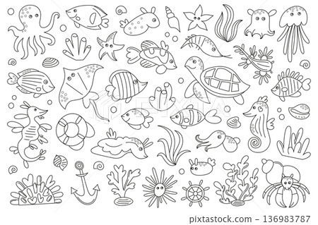 Flat cartoon vector illustration set, black and white sea animals and fish in kids style. Coral reef underwater world with ocean wildlife, sea plants, shells for children coloring books and designs 136983787