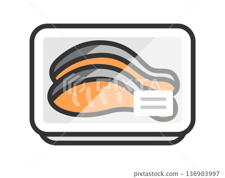 超市包裝中的鮭魚片圖示（線描彩色）。 136983997