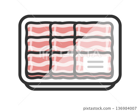 超市包裝上的五花肉圖示插圖（線條描彩色）。 136984007