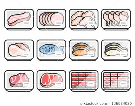 一組超市包裝中新鮮魚肉圖示的插圖（線條畫，彩色） 136984020