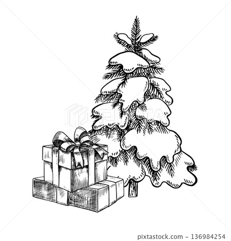 Snow-covered Christmas tree and gift box. Black and white graphics, hand-drawn vector illustration. Christmas scene. Element of design for festive Christmas greeting cards, posters, and banners. Snow-covered Christmas tree and gift box. Black and white graphics, hand-drawn vector illustration. Christmas scene. Element of design for festive Christmas greeting cards, posters, and banners. 136984254
