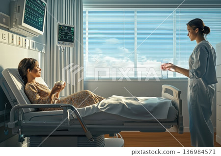 Child receives medicine confidently, Compassionate caregiver administers treatment confidently, Sunlit room witnesses gentle nurse providing precise medication dose 136984571