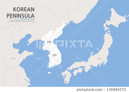 A map of the Korean Peninsula showing the border between North and South Korea on a white background in Northeast Asia. 136984572